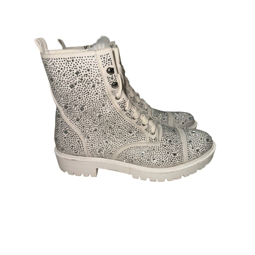 White Rhinestone Embellished Combat Boots Zip Lace Up Women's Size 7.5 38